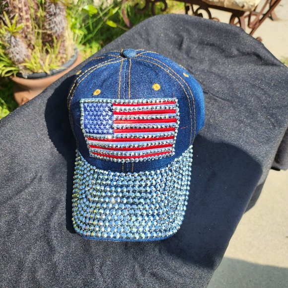 Women’s Bling Denim Patriotic Cap/Hat w/Crystal Brim - Picture 3 of 4